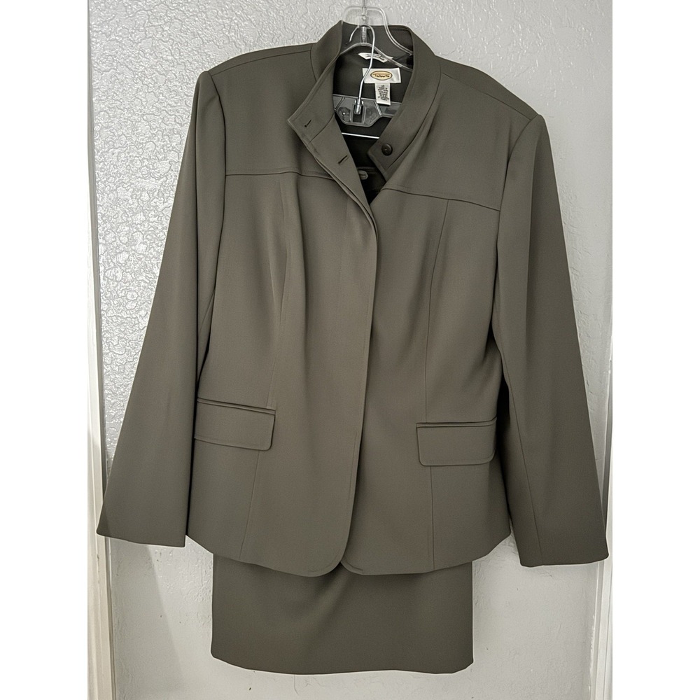 Talbots Petites Size 12P Blazer & Skirt Suit Olive Green Work Business Career